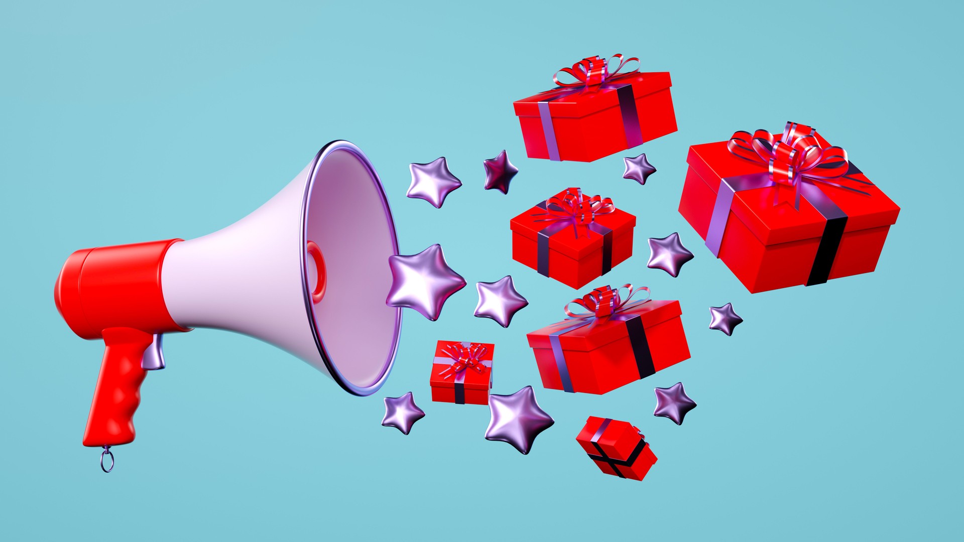 Promotional Blast: Floating Megaphone Emitting Stars and Red Gift Boxes on a Purple Background. 3D Rendering.